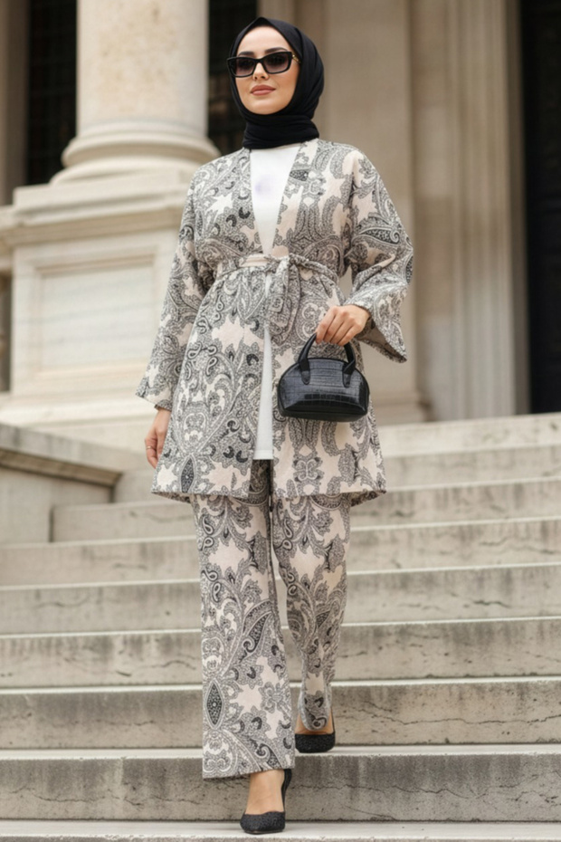 Patterned Black Hijab Double Kimono Set 12122S