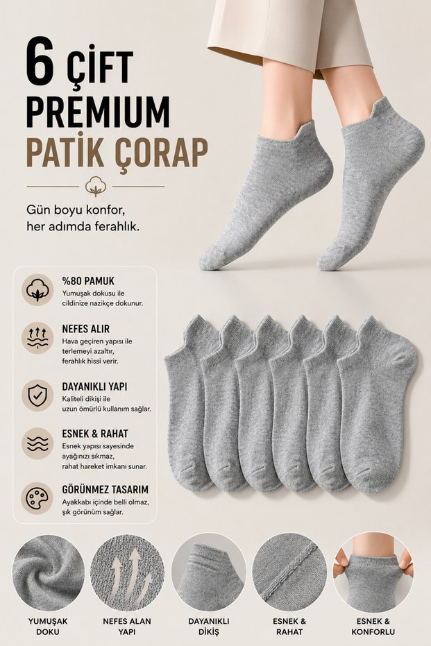 6 Pairs Unisex Gray Eared Sports Shoes Sneaker Cotton Booties Socks