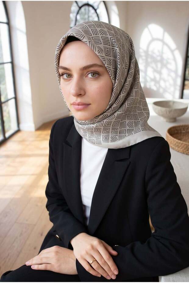 Ethnic Motif Patterned Cream Black 100% Twill 90X90 Hand Stitched Scarf