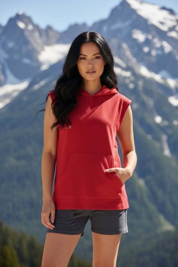 Red Sleeveless Hooded 100% Cotton Sports Athlete T-Shirt