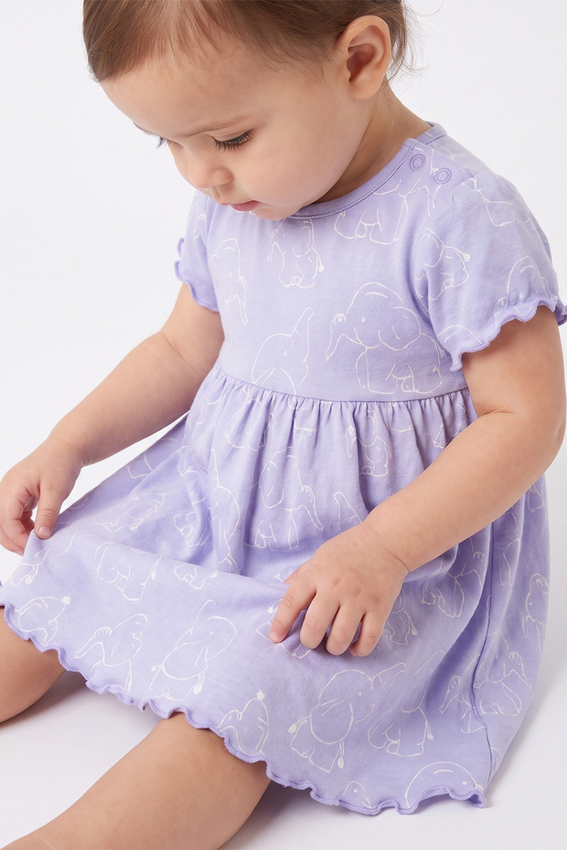 100% Cotton Collar Button Closure Baby Girl Dress - Lilac