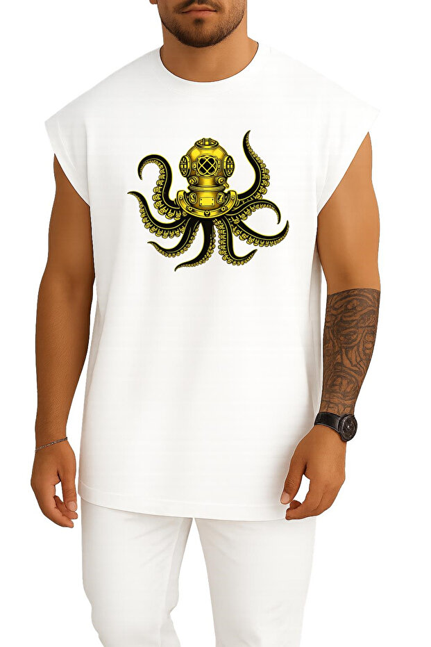 Oversize Steampunk Octopus Diver Hooded Tank Top with Chest and Back Print