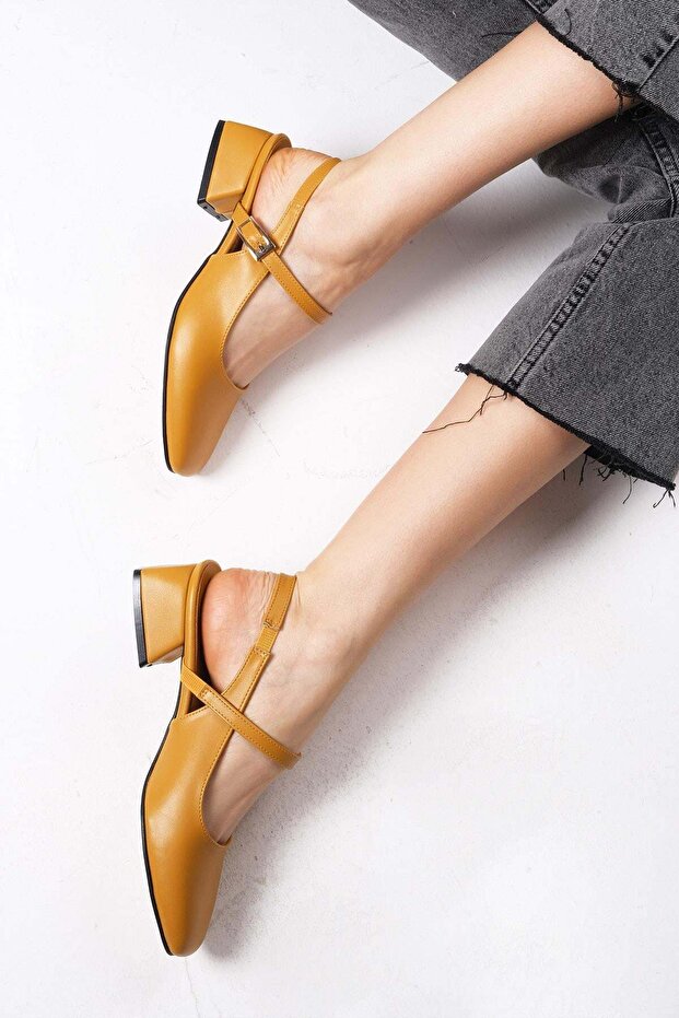 Ella Mustard Color Open Back Women's Low Heeled Shoes