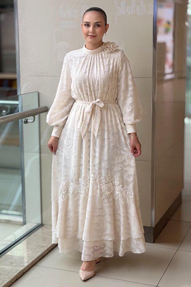 Rose Sequin Embroidered Belted Evening Dress