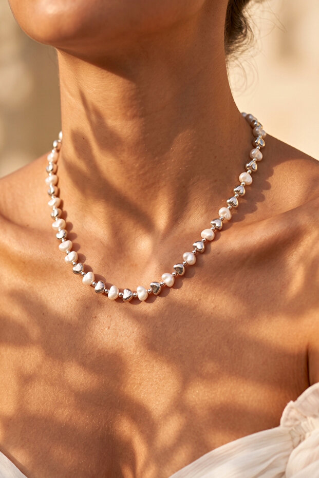 Women's Pearl Detailed Silver Color Elegant Necklace