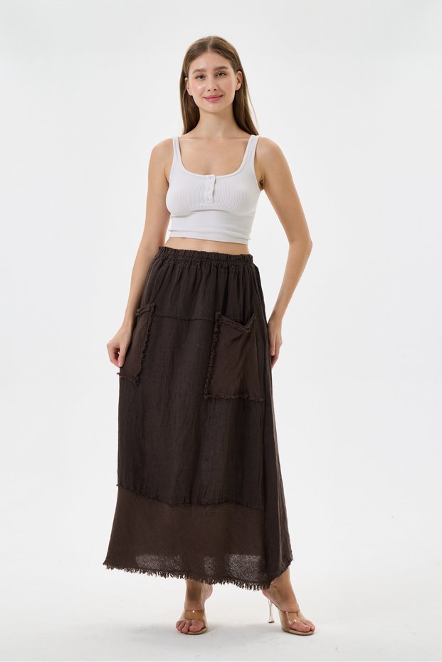 Brown Italian 100% Linen Long Linen Skirt with Elastic Waist and Tassels 38 - 44