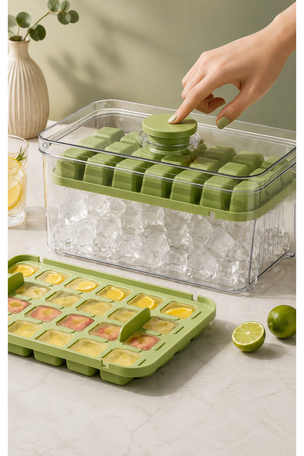 Automatic Pressing Ice Mold with Lid, 56 Cubes, Double Chamber Ice Maker