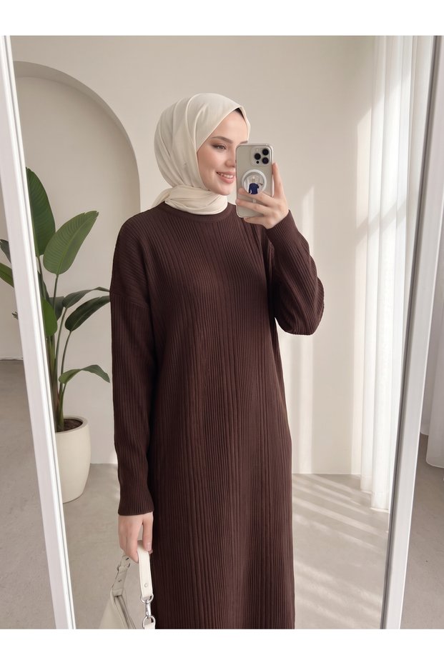 Ribbed Loose Knitwear Dress Suitable for Women Wearing Hijab