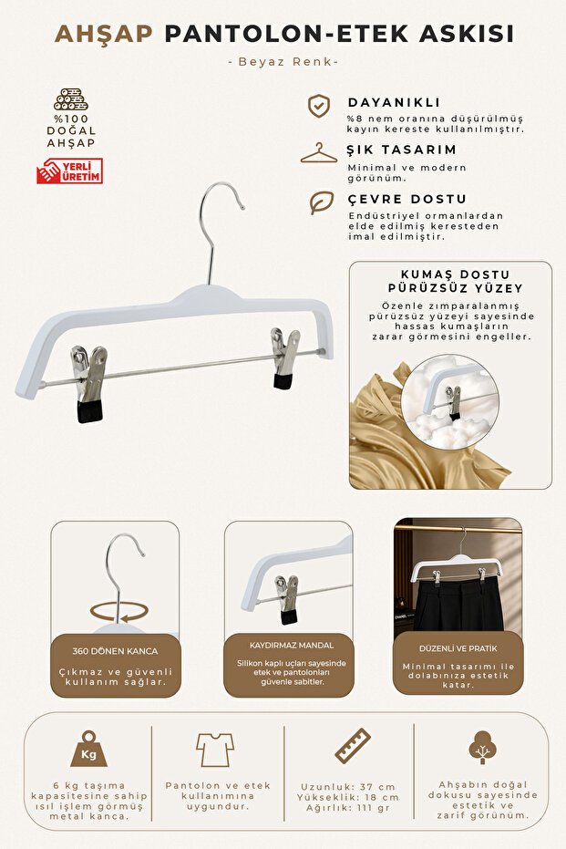 Wooden 8178-m Latched Skirt Hanger White Color 4 Pieces
