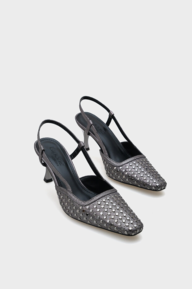 Open Back Blunt Toe Stoned Medium Platinum Heeled Women's Shoes