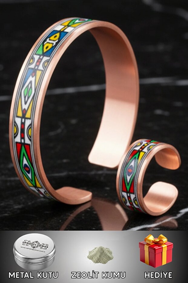 Women's Copper Bracelet Ring Set - Elena Model Special Edition Metal Box Zeolite Sand