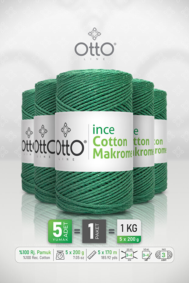 Thin Cotton Macrame • Grass Green • 5-Pack × 200 Gr / 170 m • 2 mm • Cotton Cord • Macrame, Bag, Accessories