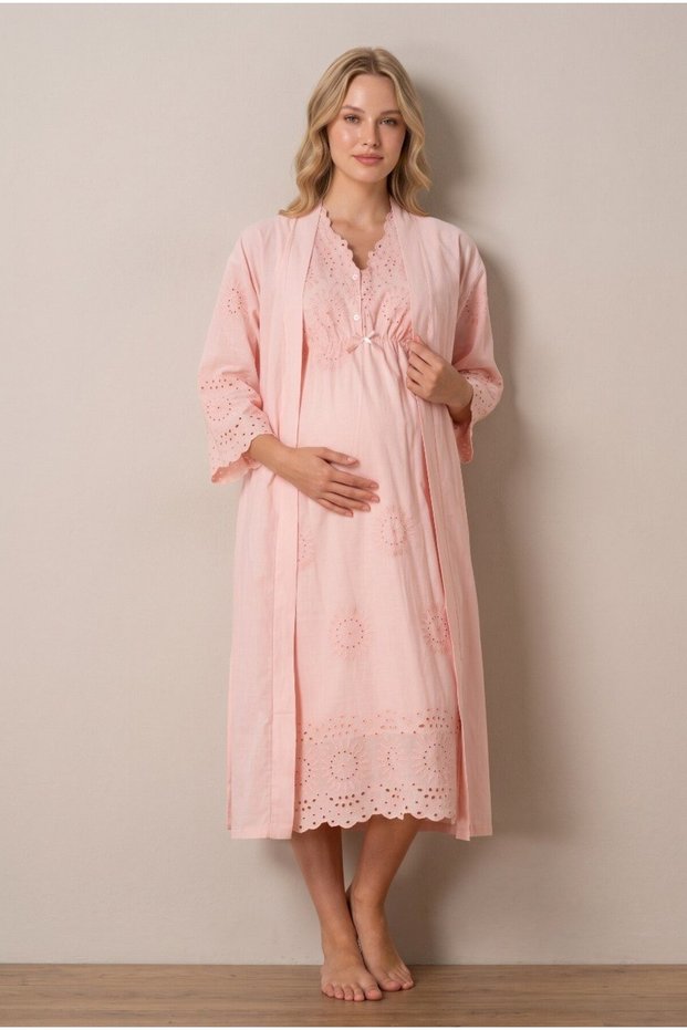Women's Powder Linen Scalloped New Season 2-Piece Maternity Nightgown Set with Dressing Gown