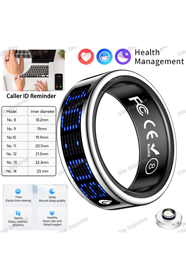14 Case-White Call ID Reminder Smart Ring Display Screen Touch,Tasbih Counter,Health Manager,5ATM Wa