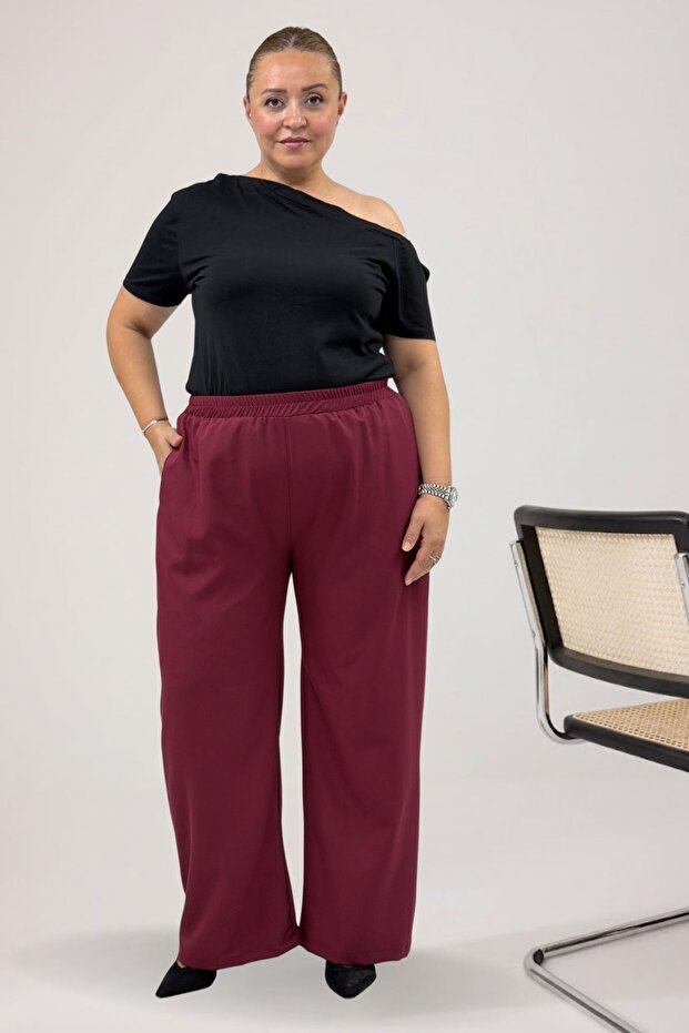69015 Large Size Nora Pants with Elastic Waist - Burgundy