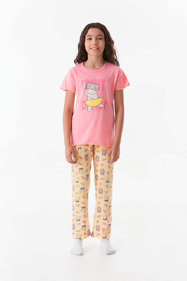 Cat Printed Crew Neck Girl's Pajamas Set