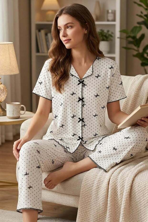 Bow and Polka Dot Patterned V-Neck Pajama Set