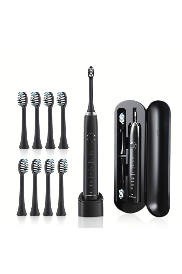 black Sonic Electric Toothbrush Adults 8 Brush Heads 5 Modes USB Rechargeable IPX7 Waterproof Whiten