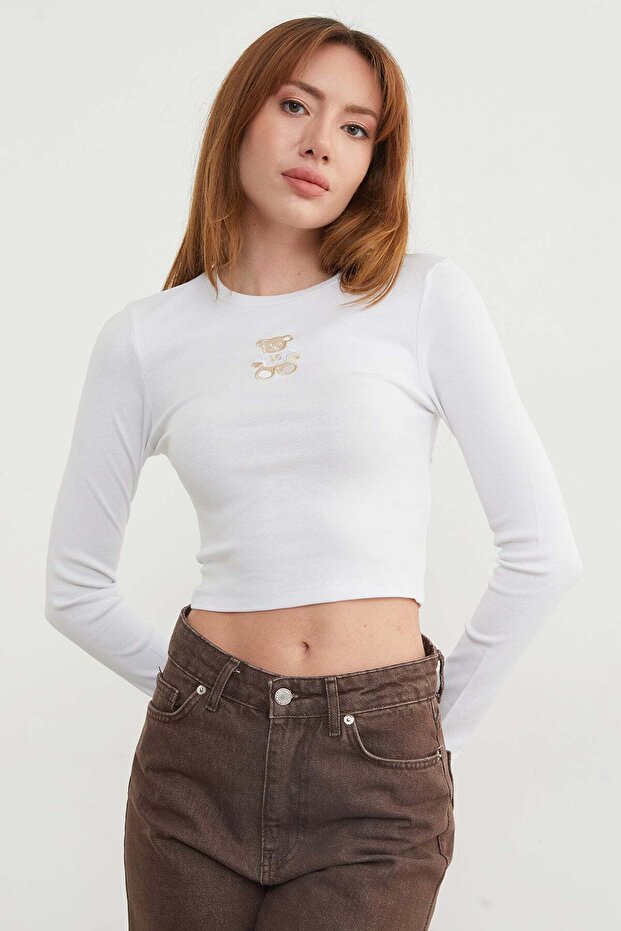Teddy Bear Embroidered Crop Bodysuit
