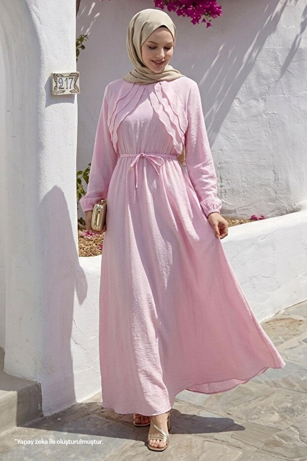 Pink Dress with Fold Detail on the Front and Belt