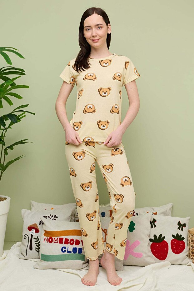 Teddy Bear Patterned Crew Neck Short Sleeve Pajama Set