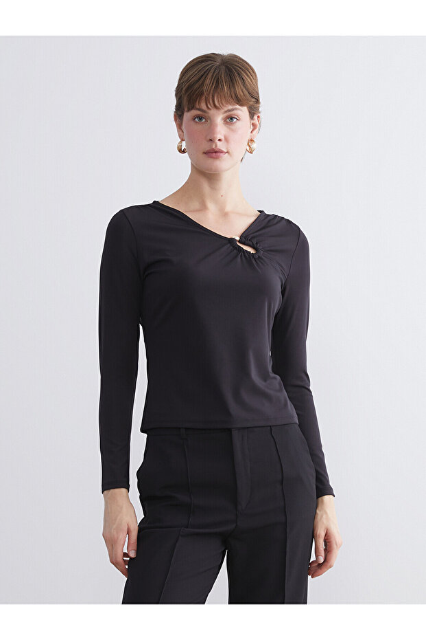 Lcw Everyday Black Plus Size V-Neck Gathered Blouse