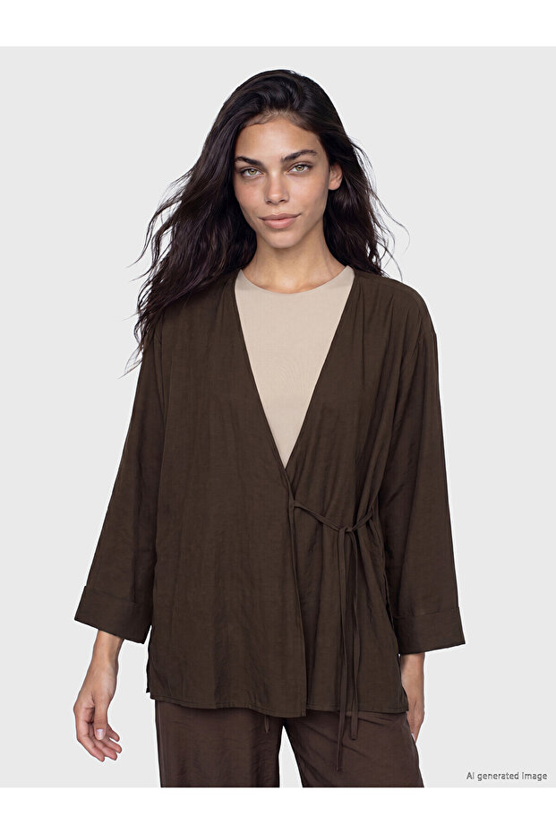 Nevavm Double-Breasted Collar Textured Modal Blend Women's Kimono with a Difference