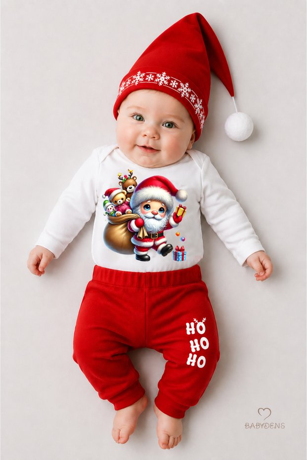 Baby New Year's Christmas Outfit Set of 3, Santa Printed Long Sleeve Bodysuit, Red Pants, Hat