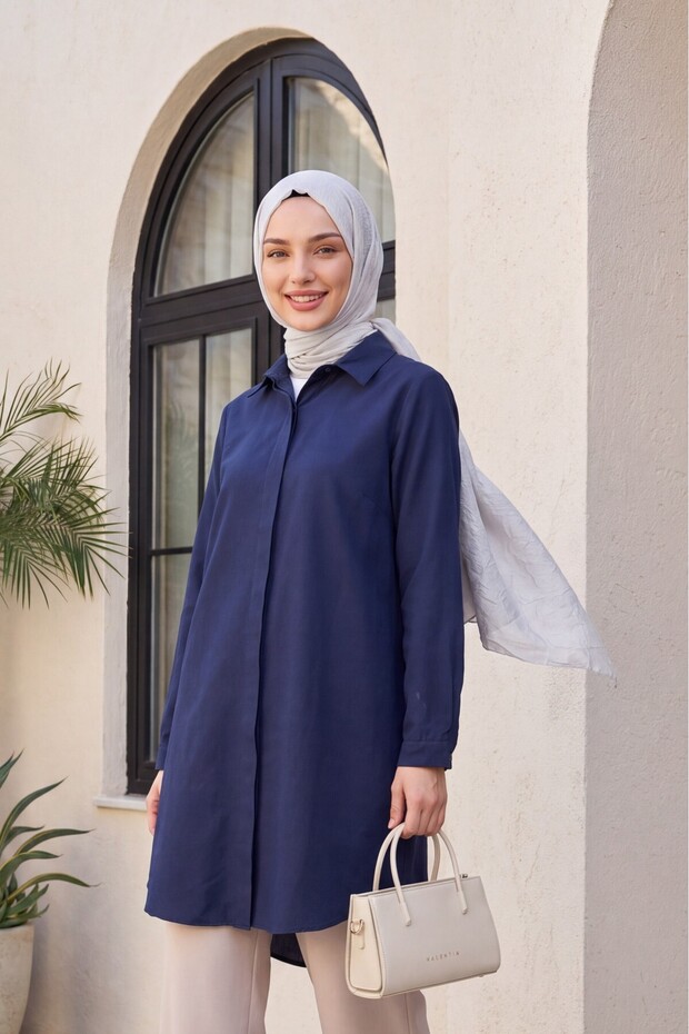 Oval Cut Long Shirt with Hidden Buttons - Dark Blue