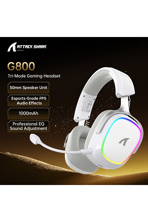 G800 Wihte Attack Shark G800 2.4G Wireless Gaming Headset,Bluetooth 5.3,7.1 Surround Sound, Detachab