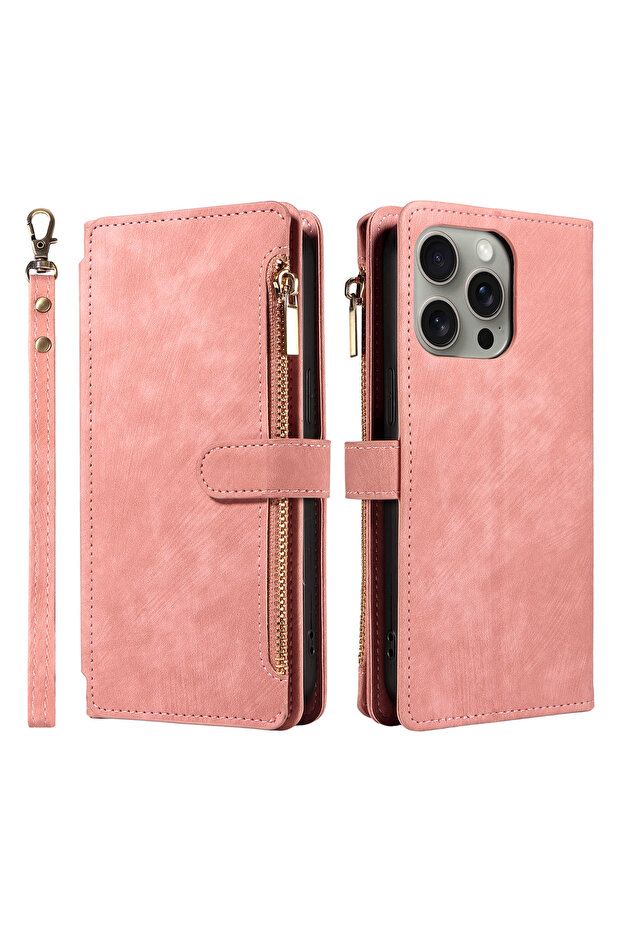iPhone17 Pro pink Zipper Magnetic Flip PU Leather Phone Case for IPhone 17Air 16e 15 14 13 12 11 Pro