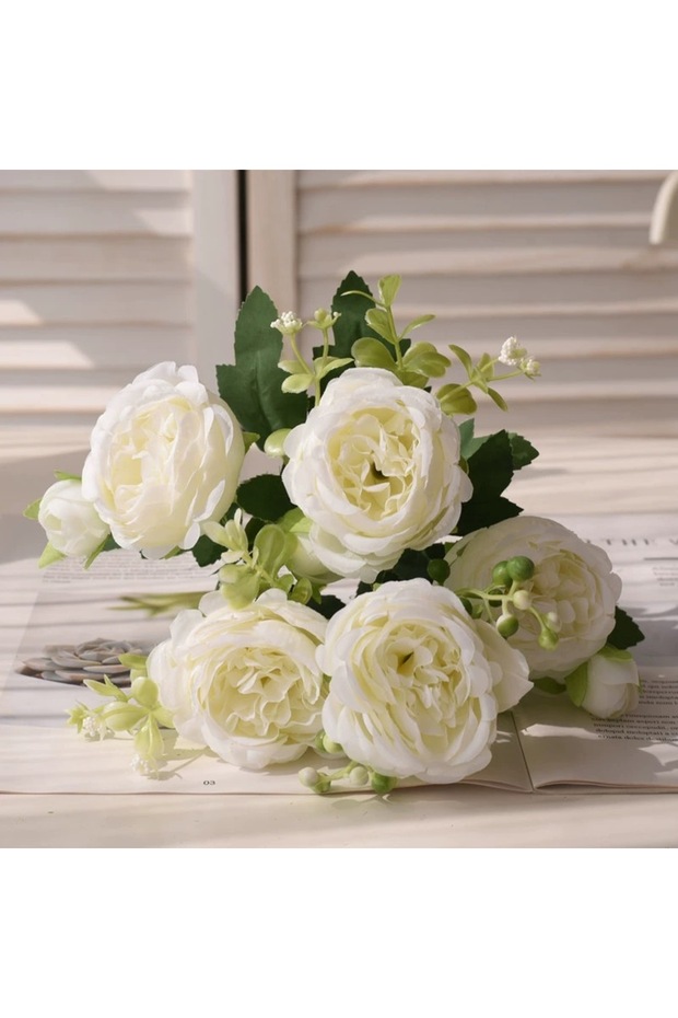 white 30cm Rose Pink Silk Bouquet Peony Artificial Flower 5 Big Head 4 Small Bud Bride Wedding Home