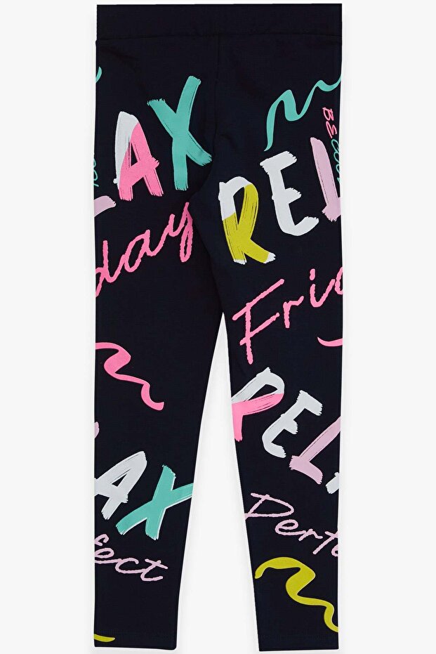 Girl's Tights Colorful Text Printed 8-14 Years, Navy Blue
