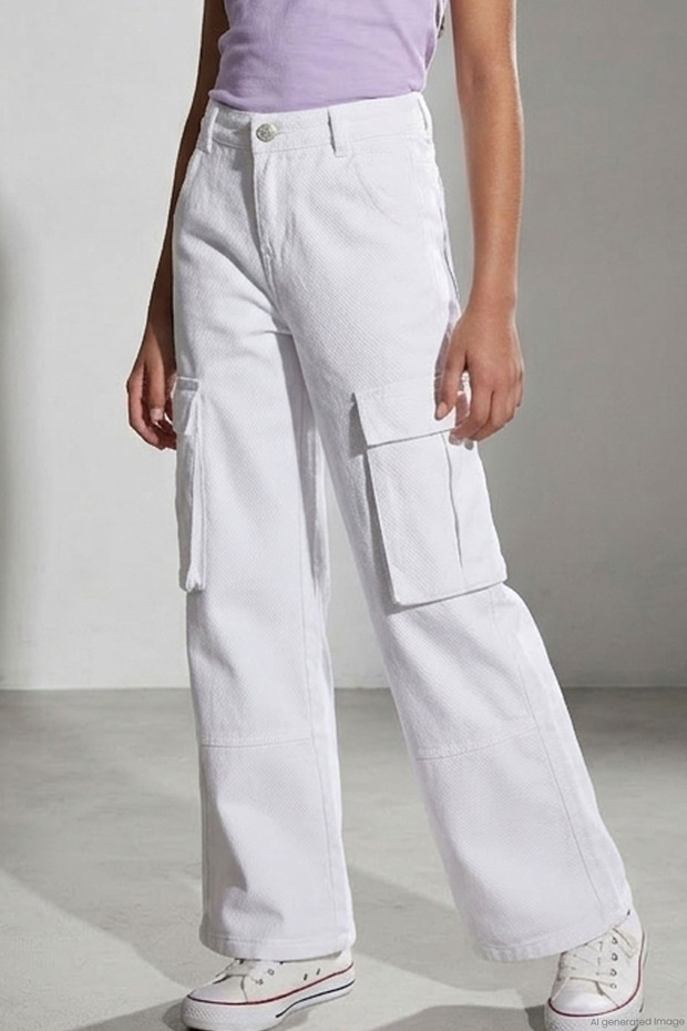 Girl's Gabardine Trousers with Cargo Pocket Detail, Ages 10-14, White