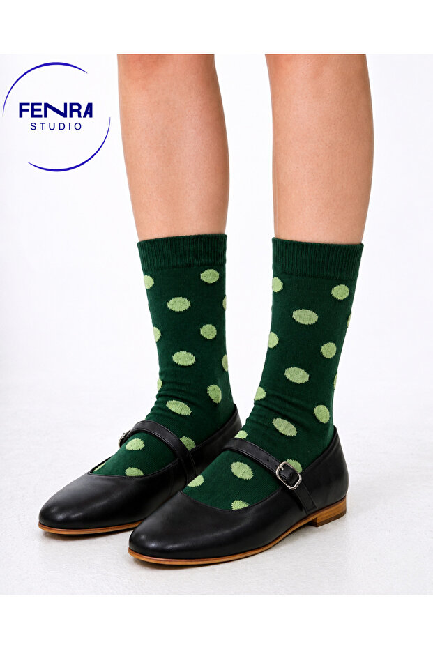 Dark Green Green Polka Dot and Spotted Cotton Women's Socks
