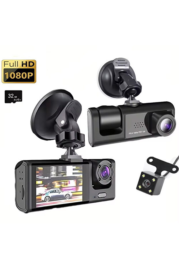Y30A-32GB Dash Cam W/ IR Night Vision Loop Recording & 2" IPS Screen 1080P 3 Camera , DVR recorder,