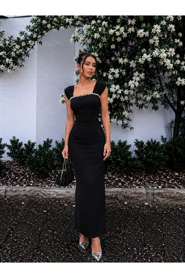 Pearl Detailed Midi Evening Dress Graduation Dress