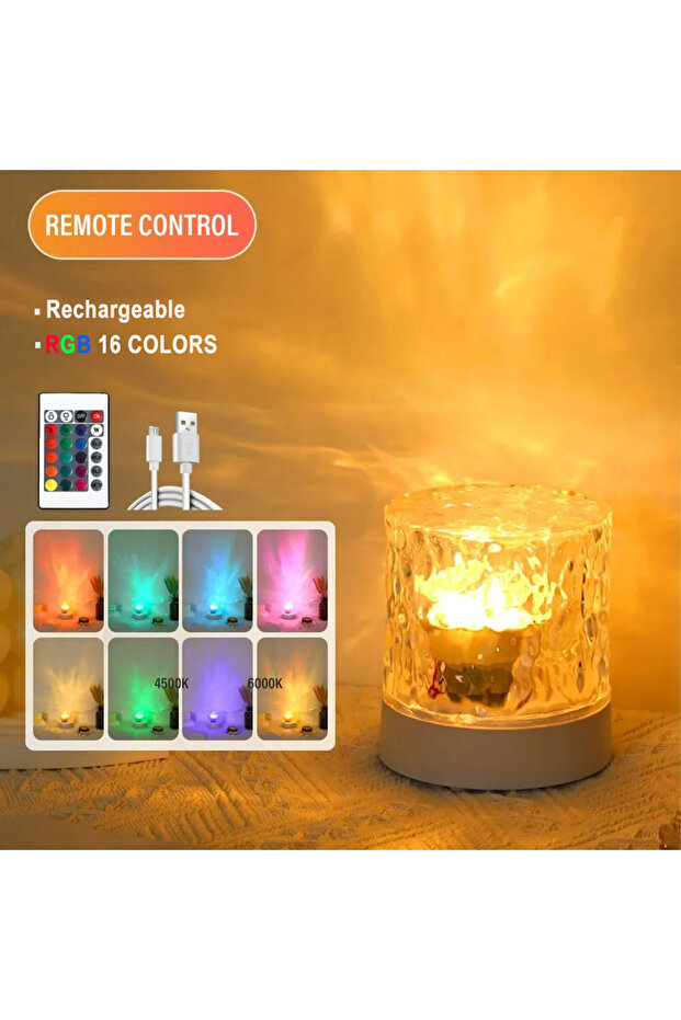 Round RGB Lamp Rechargeable 16 Color LED Water Ripple Projector Night Light Remote Control Bedroom A