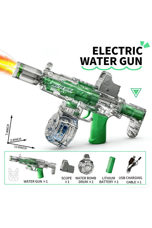 Green Simulated Firing and Recoil Electric Water Gun Toys Children Automatic Sensor Lights Water Pis