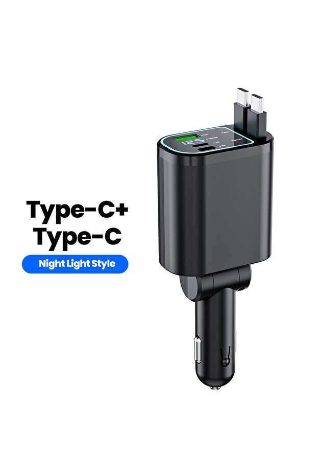 شاحن سيارة CC بلو لايت 4 في 1 قابل للسحب، شحن سريع، تصميم خفيف الوزن، USB نوع C، لأجهزة iOS والهواتف المحمولة