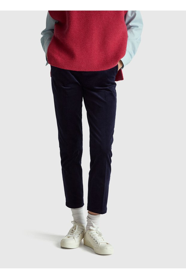 Women's Navy Blue Cotton and Modal Blended Velvet Chino Pants with Front Pockets