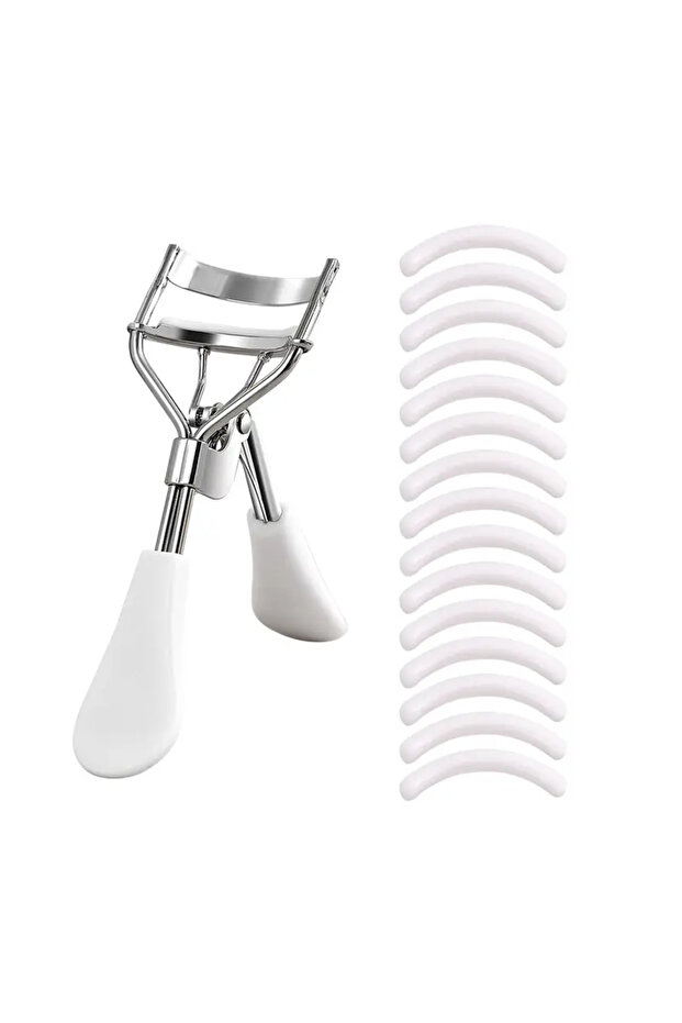 white Portable Eyelash Curler with 15 Silicone Pads and Stainless Steel Eyelash Curler, Used for Eye