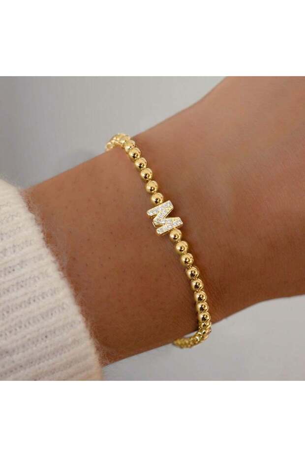 A Gold Color Dainty Simple Pave Zirconia Initial Bracelet for Women Gold Plated Beaded Adjustable Le