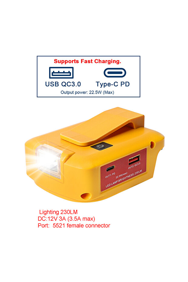 محول DEW-12V3A لبطارية Dewalt DCB200 18 فولت 20 فولت 54 فولت 60 فولت إلى DC 12 فولت 3 أمبير ومصباح يدوي USB C a