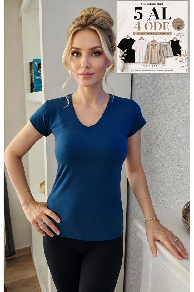 Women's Short Sleeved V-Neck Indigo Pastel Light Navy Blue Body T-Shirt Blazer