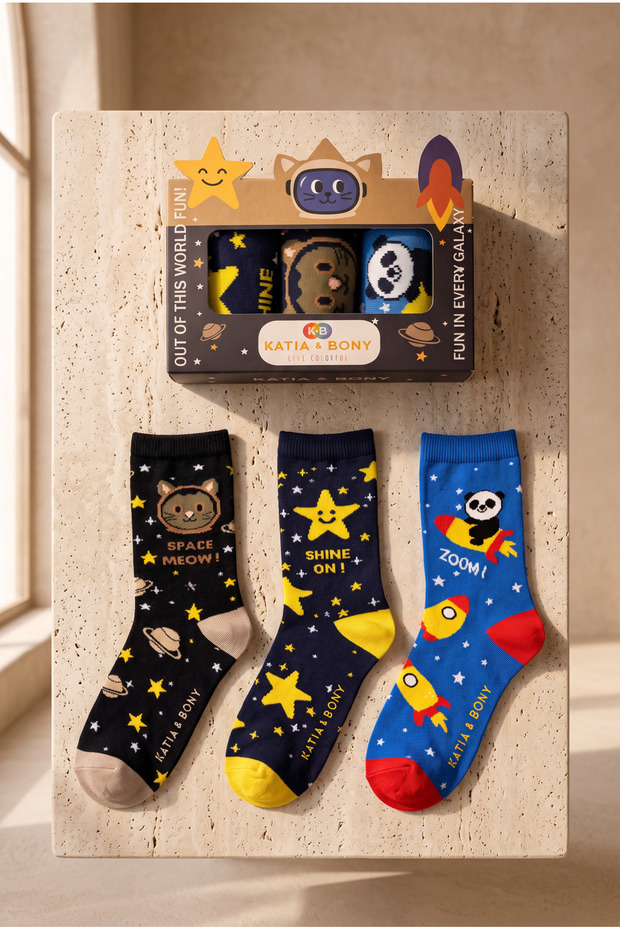 Boy's 3D Space Patterned Boxed 3-Piece Socks