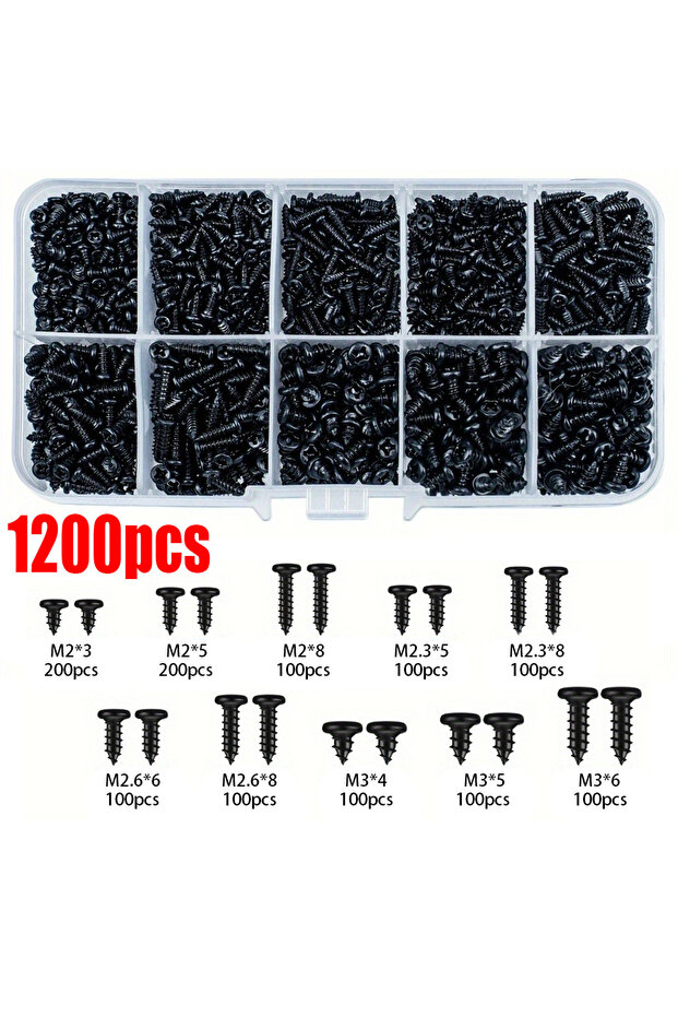 YTZG-1200pcs 1200-piece M2 Black High-Strength Self-Tapping Screw Set - 7 Sizes for Home Improvement