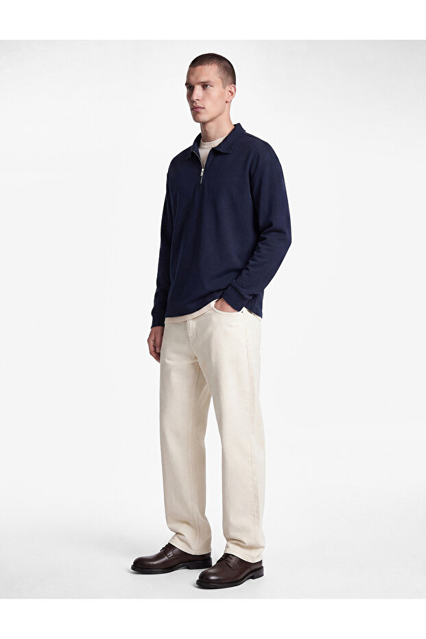 Cotton Long Sleeve Half Zip Polo Neck Sweatshirt