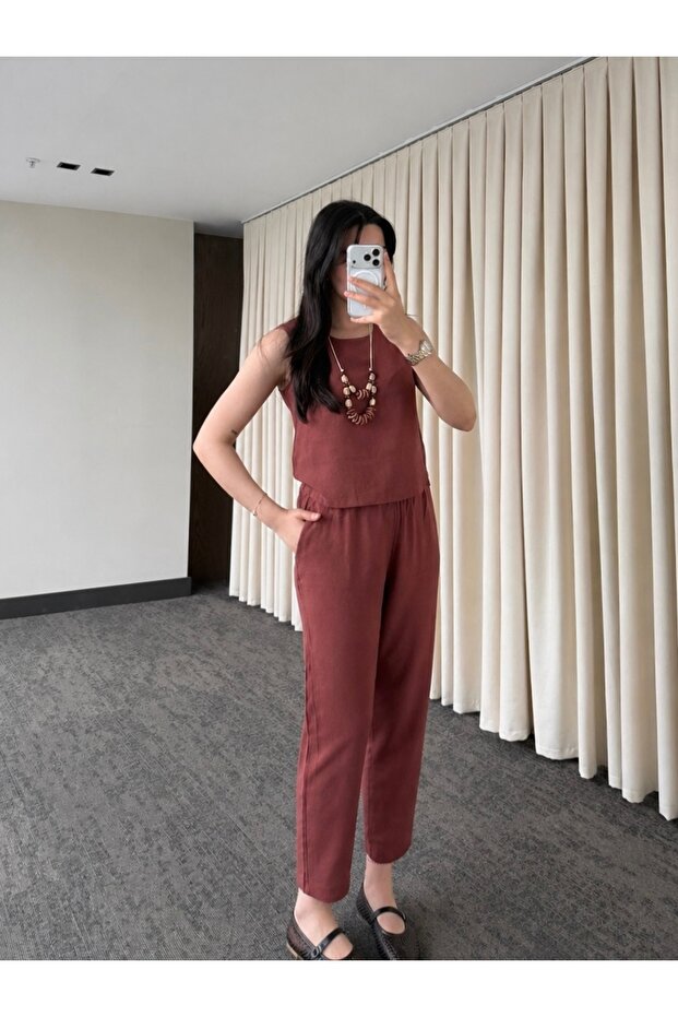 Tile Necklace Blouse Trousers Set - 8757