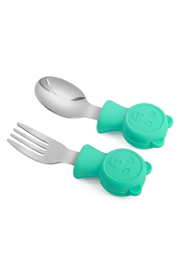 304 Steel Panda Baby Spoon Fork Set with Silicone Handle Bpa Free Ergonomic Non-Slip Green